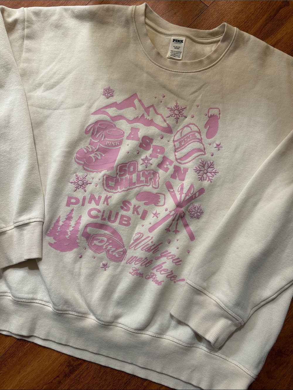 Victoria’s Secret PINK White Shell Aspen Ivy Fleece Classic Crew Sweatshirt NWOT